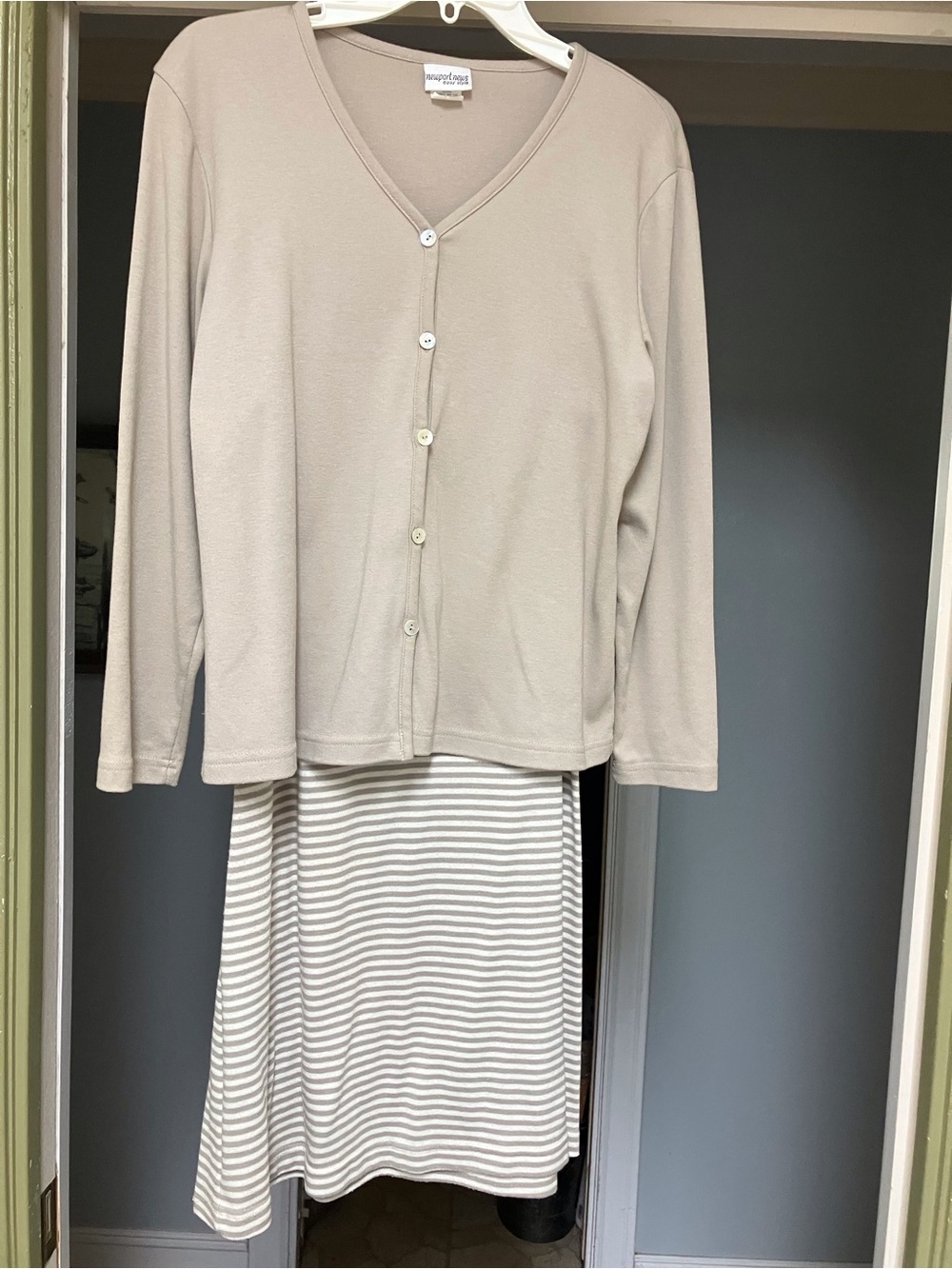 Newport News Beige Button-Front V-Neck Cardigan with Cream & Beige Striped Skirt